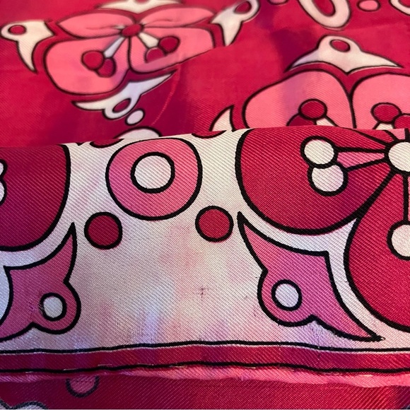VTG  Burmel Italy Silk Square Scarf Mod Geometric Flower Pink And White 25in - Picture 7 of 9
